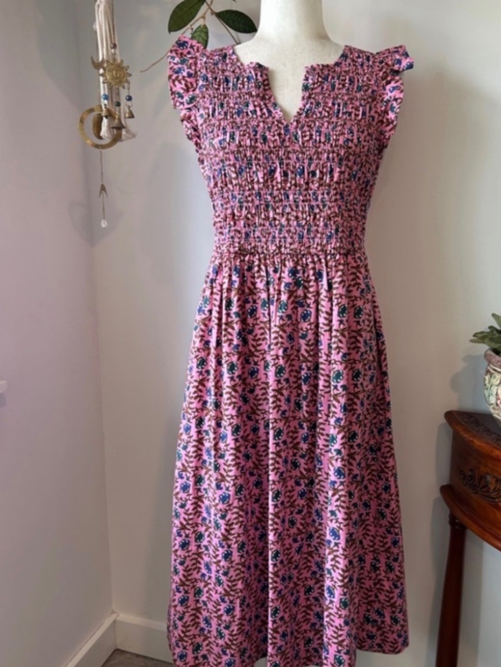 J. Crew Smocked Flutter Sleeve Midi Dress Pink Boho Floral Small